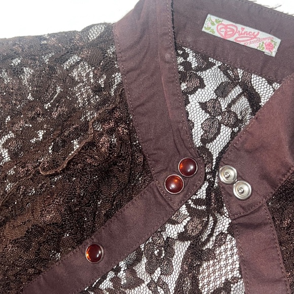 Princy by Jessica Simpson Y2K Brown Sheer Lace Ruffle Button Down Blouse - Picture 4 of 8